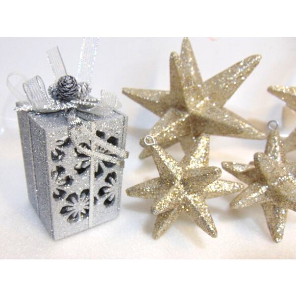Star Glitter Christmas Ornaments Hanging Silver Boxes Bows 7 Pcs 5" 3" Set Old - Picture 2 of 5